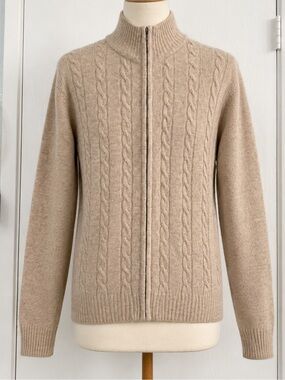 Watsons REG.TRADEMARK Men's Classic Cable Knit Zip Wool Blend Sweater Beige Sz L